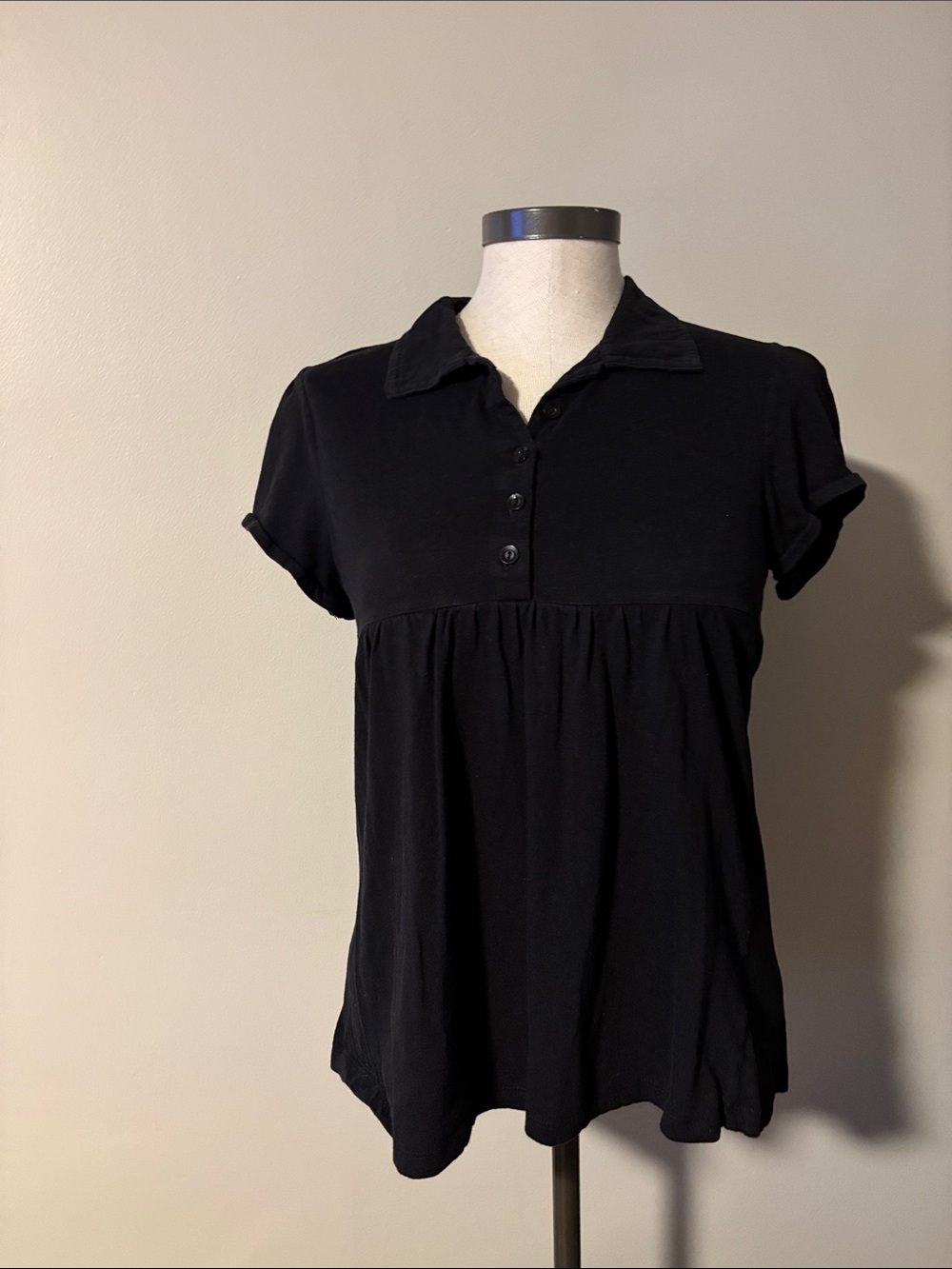 Black Button-Front Babydoll Polo Top - Women's